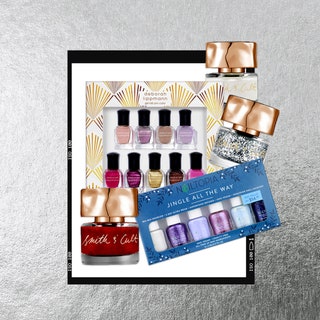 A collage Deborah Lippmann, Smith & Cult, and Nailtopia nail polish sets on a silver background